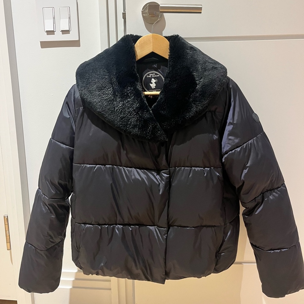 SAVE THE DUCK Black Puffer Jacket with Plush Collar